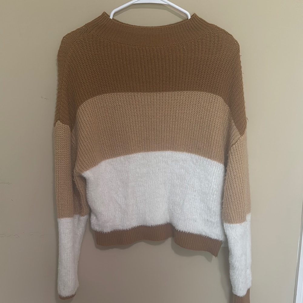 SHEIN Brown Tan Crew Neck Colorblock Sweater
